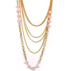  Layered Gold Tone Necklace with Matching Earrings with Pink Cut 