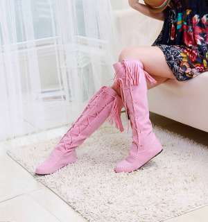 Faux Suede Womens Fringe Lace Up Knee High Boots Pink  