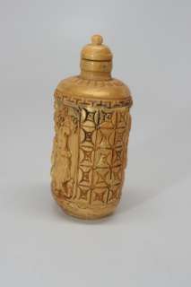 ANTIQUE CHINESE OX BONE CARVED SNUFF BOTTLE GOLD GILT  