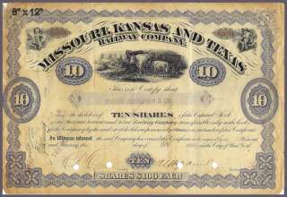 1884 & 1909 MISSOURI, KANSAS & TEXAS RAILROAD STOCK CERTIFICATES 
