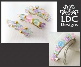 Pretty Pastel Beaded French Clip Barrette Gold Accents  