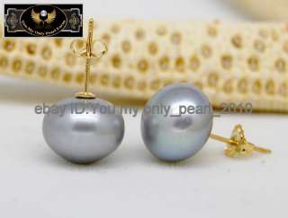 MP 14K YG Fine 11 12MM AAA+ Silver grey pearl earrings  