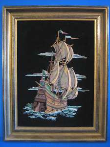 Vintage Paint by Number Velvet 1700s 1800s Ship Frame  