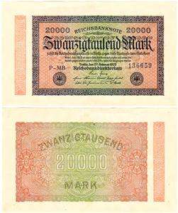 1923 Germany (Weimar Republic) 20000 Mark Bank Note P 85  