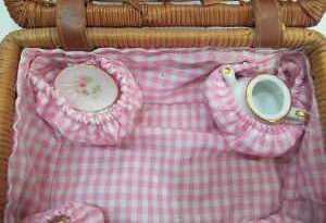 Childs Wicker Picnic Basket With Miniature Porcelain Doll, Tea Set 