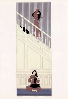 WILL BARNET woman and black cat WHITE STAIRWAY  