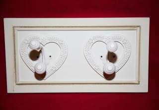 White wooden heart design double coat hooks hanger shabby chic  