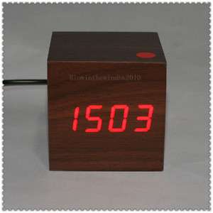 Mini Digital LED Wooden Wood Alarm Clock Red USB Cable  