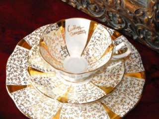 Queen Anne HVY GOLD LACE CHINTZ Tea Cup and Saucer Trio  