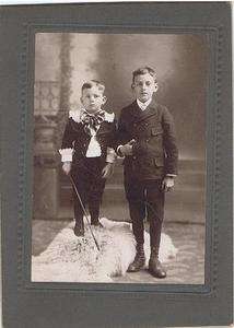 Antique Photo   Two Boys, Riding Crop Bear Skin Rug  