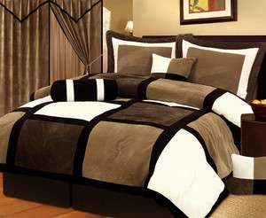  Black White Brown Suede Patchwork Comforter 90x92 Set Bed in a bag 