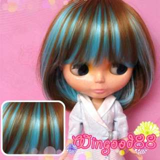 Blythe Doll Hair Wig Blue & Brown Bob Highlight Short  