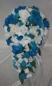 Turquoise Blue Silk Flower Wedding Bridal Bouquet Cascade Package 