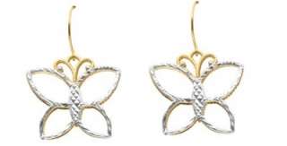 14K Real Gold Butterfly Dangle Kidney Wire Earrings  