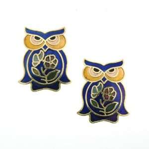  Gold Plated Owl with Flower Design Cloisonne Clip On 