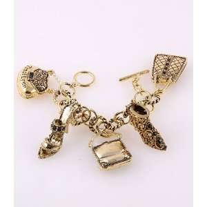 Boots, Handbags and High Heels Charm Bracelet, Antique Gold Tone or 