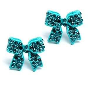    Fashion Crystal Pave Bow Ribbon Stud Earrings Teal Jewelry