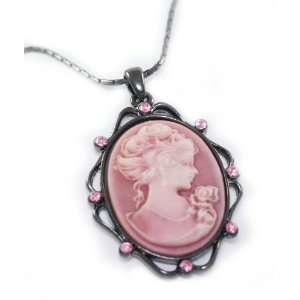 Beautiful Antiqued Pink Cameo Charm Necklace with Pink Crystal Accents 