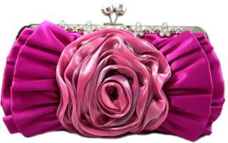   Embellished Satin Flower Evening Bag Clutch Purse Hot Pink Fuschia