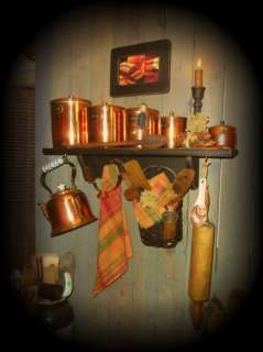Primitive Gathering Shelf~Copper Canisters~Tea Kettle~Basket~Candles 