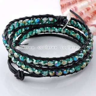   Color CHAN LUU STYLE Crystal Glass Beads Black Leather 2 Wrap Bracelet