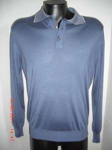 Brioni Mens Button Henley Lt Blue Sweater Cashmere Large LG Euro 52 $ 