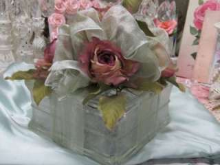 LARGE GLASS BLOCK LIGHT with BOW AND PINK ROSES~Shabby~Cottage~Chic 