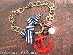 RED ANCHOR NAUTICAL Antique Gold Charm Bracelet Sailor  
