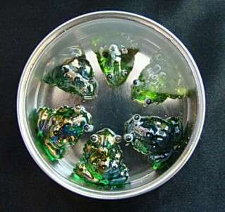 New Hand Blown Glass Green Frog Magnets Set of 6 with Tin Box. The 