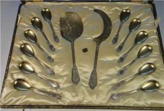 ANTIQUE SILVER HUGE BOX 12 SPOONS ICE CREAM CAKE KNIFE SERVING GERMAN 
