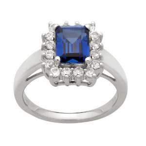   Emerald Cut Created Ceylon Sapphire and Created White Sapphire Ring
