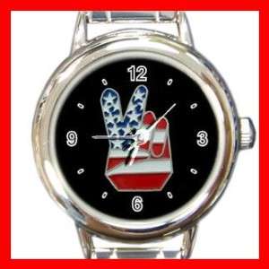Peace Sign With American Flag Round Italian Charm Watch  