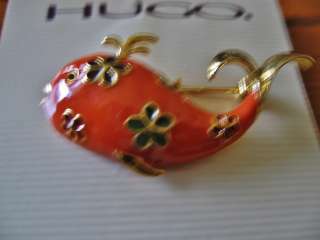 Hugo Fashion jewelry Brooch orange and gold 2 inch L x 3/4 inch W 