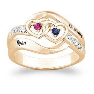  14K Gold Plated Couples Name & Birthstone Hearts Ring with 