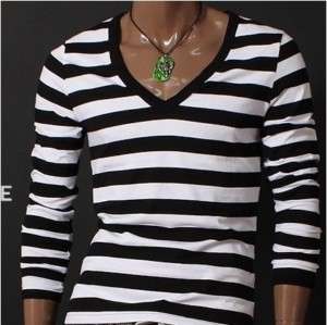 Mens Casual Lined V neck T shirts Tee STRIPE (NA)  