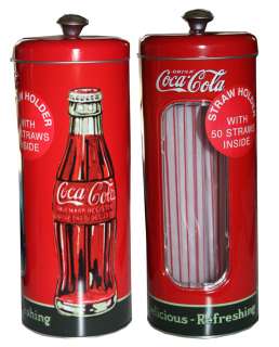 COCA COLA TIN STRAW HOLDER WITH 50 STRAWS INSIDE GIFT COLLECTION 