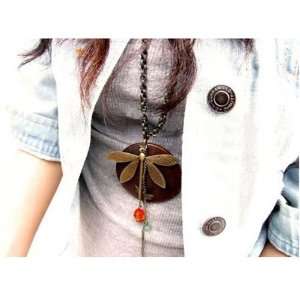   Womens Wood Dragonfly Pendant Long & Necklace 