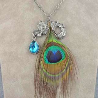 Peacock Tear Drop Simulated Sapphire Peacock Feather Pendant Necklace 