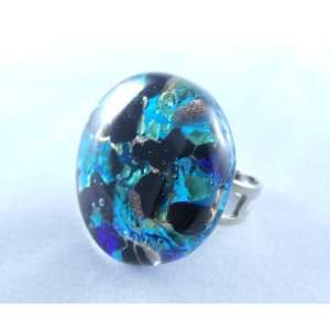   Blue Black Gold Circle Venetian Murano Glass Adjustable Ring Jewelry
