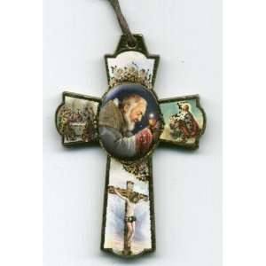  Saint Padre Pio Wooden 2 Inch Cross Necklace with Cord, Holy Prayer 