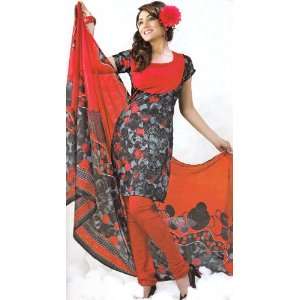  Gray and Red Salwar Suit with Modern Print   Crepe 