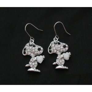  Snoopy Crystal Puppy w/ Heart Dangling Earrings   Matching 