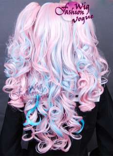 Lolita Stunning Long Curly Pink Mixed Blue Cosplay Hair Wig  