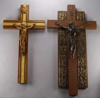 Two Superb VINTAGE WOOD & METAL WALL CRUCIFIXES Crucifix NR  
