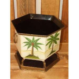 Hexagon White Trash Bin with Palm Tree Design and Handles:  